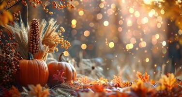 Autumnal Still Life With Pumpkins, Wheat, and Leaves on Wooden Table photo