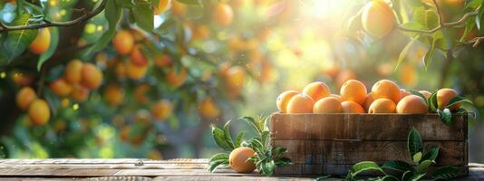 Ripe Mangoes in a Wooden Crate Under a Sunny Orchard Tree photo