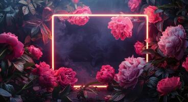 Pink Peonies Blooming Around a Neon Light Frame in a Dark Garden photo