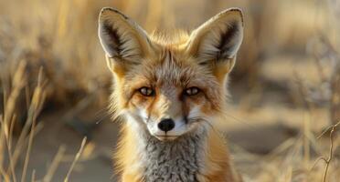 A Red Fox Gazes Into the Sunset in a Dry Desert Landscape photo