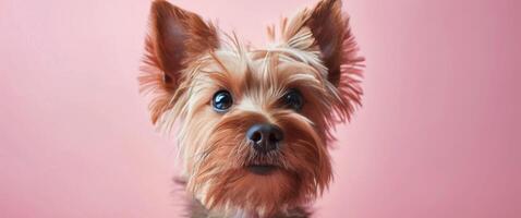 Yorkshire Terrier Puppy Looking At Camera On Pink Background photo