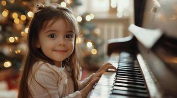 Young Girl Playing Piano During Christmastime photo