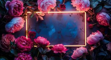 Pink Peonies Blooming Around a Neon Light Frame in a Dark Garden photo