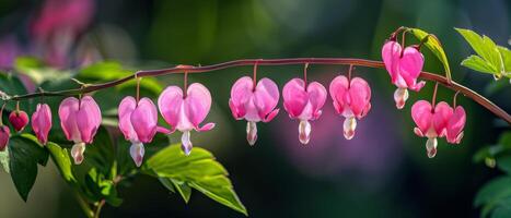 Pink Bleeding Heart Flowers Blooming on Branch in Garden photo