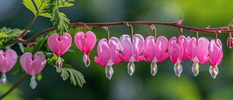 Pink Bleeding Heart Flowers Blooming on Branch in Garden photo