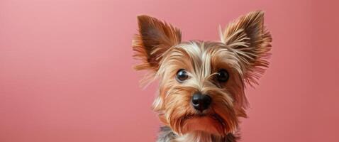 Yorkshire Terrier Puppy Looking At Camera On Pink Background photo