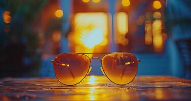 Black Cat Eye Sunglasses Resting on Wooden Table During Sunset photo