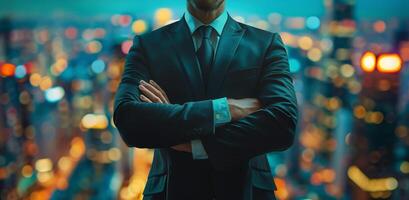 Confident Businessman Standing on Rooftop With City Skyline at Sunset photo