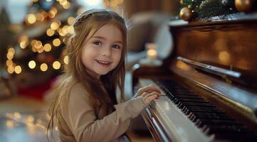 Young Girl Playing Piano During Christmastime photo