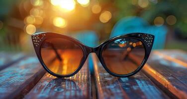 Black Cat Eye Sunglasses Resting on Wooden Table During Sunset photo