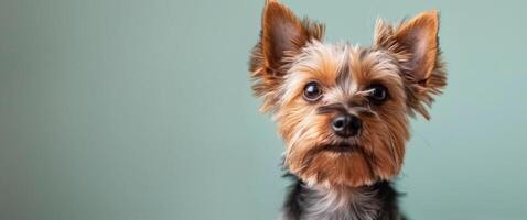 Yorkshire Terrier Looking Directly at Camera Against Teal Background photo