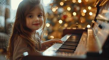 Young Girl Playing Piano During Christmastime photo