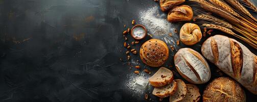 Freshly Baked Bread, Pastries, and Eggs on a Dark Tabletop photo