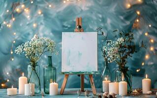Blank Canvas on Easel With Flowers and Candles in a Rustic Setting photo