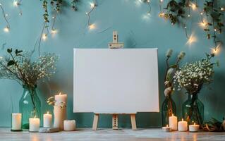 Blank Canvas on Easel With Flowers and Candles in a Rustic Setting photo