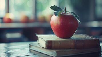 A Red Apple Resting on a Textbook in a Classroom photo