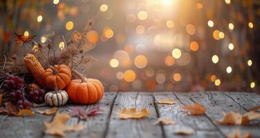 Pumpkins and Corn on a Wooden Table With Fall Foliage and Bokeh Lights photo