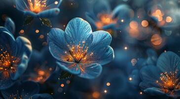 Blue Flowers With Glowing Centers In A Dark Forest photo