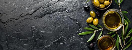 Green Olives and Olive Oil on a Black Background photo