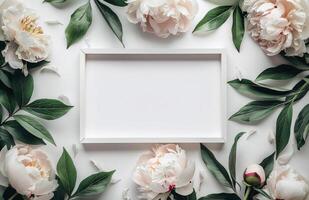 White Peony Flowers and Green Leaves Surrounding a White Frame on a White Background photo