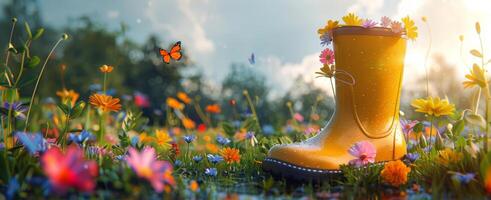 Yellow Rubber Boot Surrounded by Flowers in a Field at Sunset photo