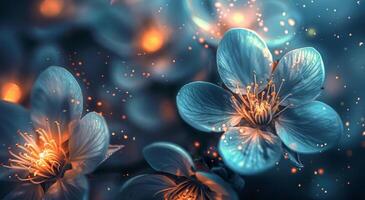 Blue Flowers With Glowing Centers In A Dark Forest photo