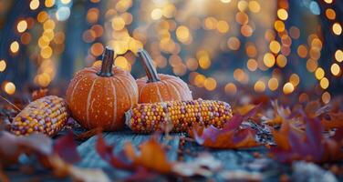 Pumpkins and Corn on a Wooden Table With Fall Foliage and Bokeh Lights photo