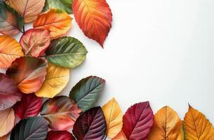 Colorful Autumn Leaves Arranged Around White Background photo