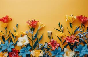 Colorful Flowers Arranged on a Yellow Background photo