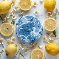 Blue Swirl Cake With Lemon and Daisies on a White Background photo