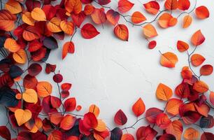 Colorful Autumn Leaves Arranged Around White Background photo