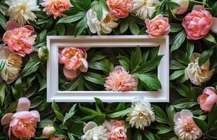 White Peony Flowers and Green Leaves Surrounding a White Frame on a White Background photo