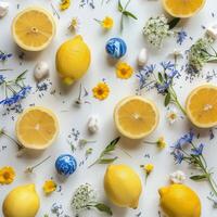 Blue Swirl Cake With Lemon and Daisies on a White Background photo