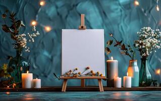 Blank Canvas on Easel With Flowers and Candles in a Rustic Setting photo