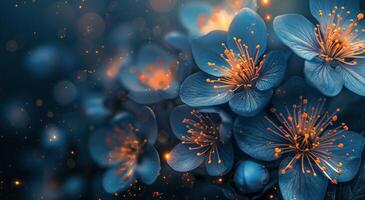 Blue Flowers With Glowing Centers In A Dark Forest photo