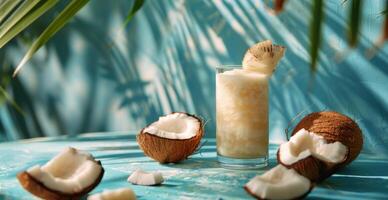 Creamy Coconut Drink With Tropical Palm Leaves on a Blue Background photo