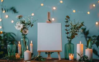 Blank Canvas on Easel With Flowers and Candles in a Rustic Setting photo