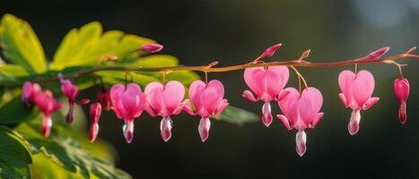 Pink Bleeding Heart Flowers Blooming on Branch in Garden photo