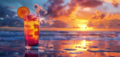 A Glass of Cocktail on the Beach at Sunset photo