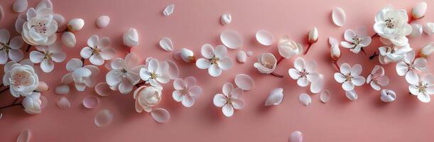 White Cherry Blossoms Falling on Pink Background photo