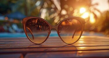 Brown Cat-Eye Sunglasses Resting on a Wooden Surface With a Blurry Sunlit Background photo