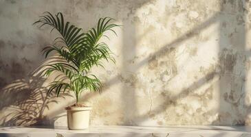 Palm Plant in White Pot With Sunlight Shadows on Wall photo