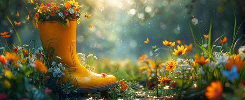 Yellow Rubber Boot Surrounded by Flowers in a Field at Sunset photo