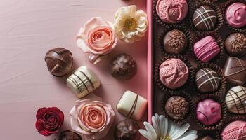 Assorted Chocolate Truffles With Pink Roses and Petals photo