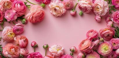 Pink Ranunculus Flowers Arranged in a Border on a Pink Background photo