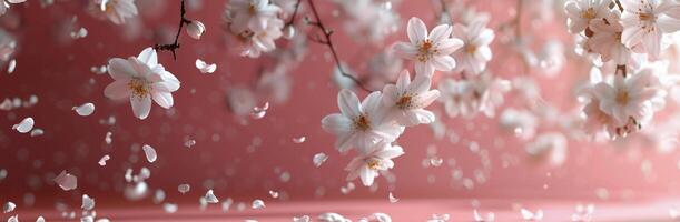 White Cherry Blossoms Falling on Pink Background photo