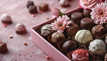 Assorted Chocolate Truffles With Pink Roses and Petals photo