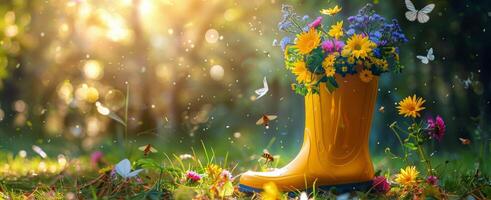 Yellow Rain Boot Filled With Colorful Flowers and Butterflies in a Summer Garden photo