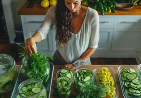 Woman Adding Fresh Dill to Jars of Pickled Cucumber Slices in Kitchen photo