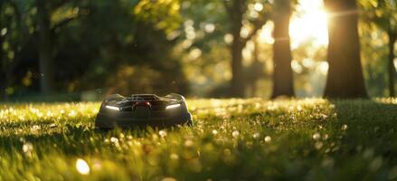 Robotic Lawn Mower in Lush Green Grass With Sunset Backdrop photo